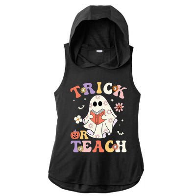 Groovy Teacher Halloween Trick Or Teach Retro Floral Ghost Ladies PosiCharge Tri-Blend Wicking Draft Hoodie Tank