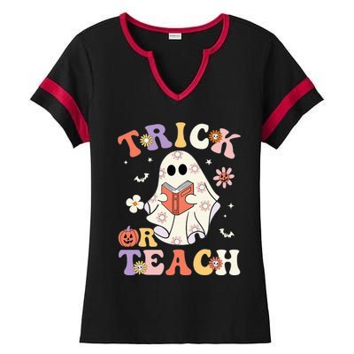 Groovy Teacher Halloween Trick Or Teach Retro Floral Ghost Ladies Halftime Notch Neck Tee