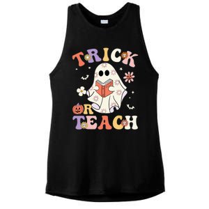 Groovy Teacher Halloween Trick Or Teach Retro Floral Ghost Ladies PosiCharge Tri-Blend Wicking Tank