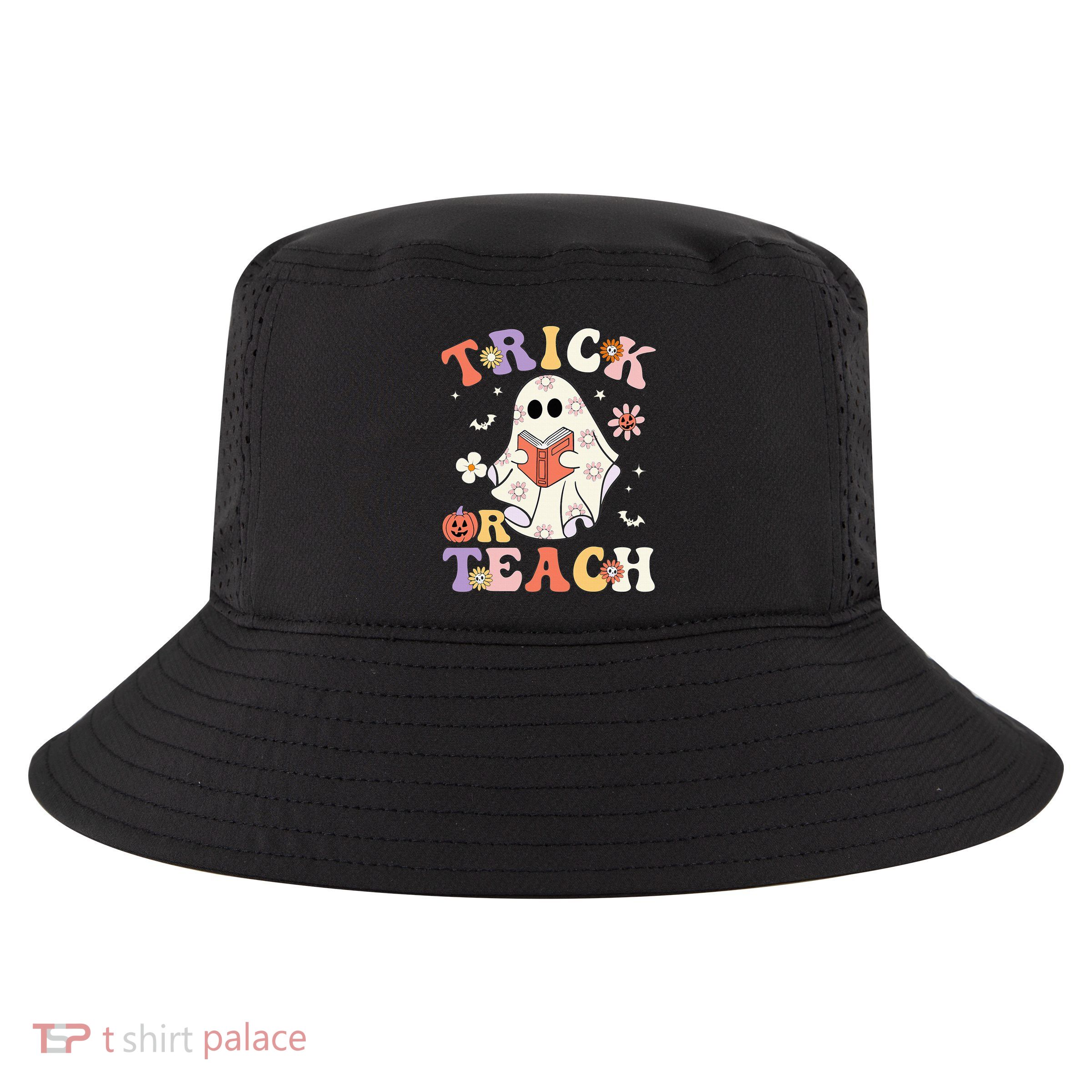 Groovy Teacher Halloween Trick Or Teach Retro Floral Ghost Cool Comfort Performance Bucket Hat