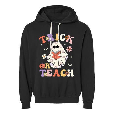 Groovy Teacher Halloween Trick Or Teach Retro Floral Ghost Garment-Dyed Fleece Hoodie