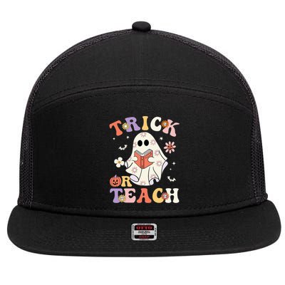 Groovy Teacher Halloween Trick Or Teach Retro Floral Ghost 7 Panel Mesh Trucker Snapback Hat