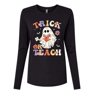 Groovy Teacher Halloween Trick Or Teach Retro Floral Ghost Womens Cotton Relaxed Long Sleeve T-Shirt