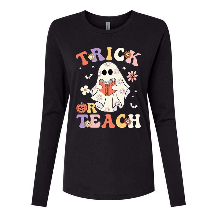 Groovy Teacher Halloween Trick Or Teach Retro Floral Ghost Womens Cotton Relaxed Long Sleeve T-Shirt