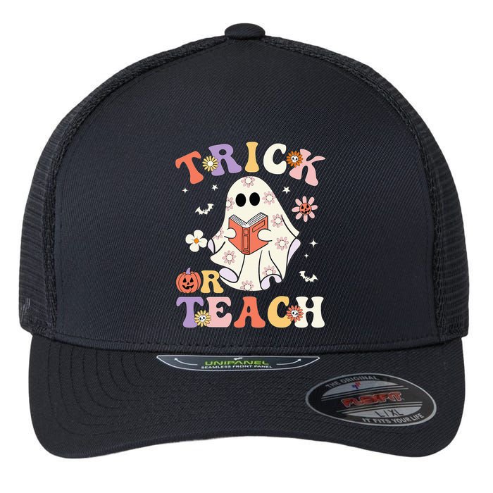 Groovy Teacher Halloween Trick Or Teach Retro Floral Ghost Flexfit Unipanel Trucker Cap