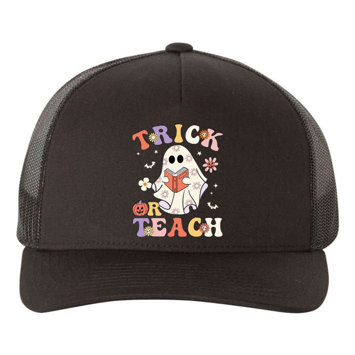 Groovy Teacher Halloween Trick Or Teach Retro Floral Ghost Yupoong Adult 5-Panel Trucker Hat