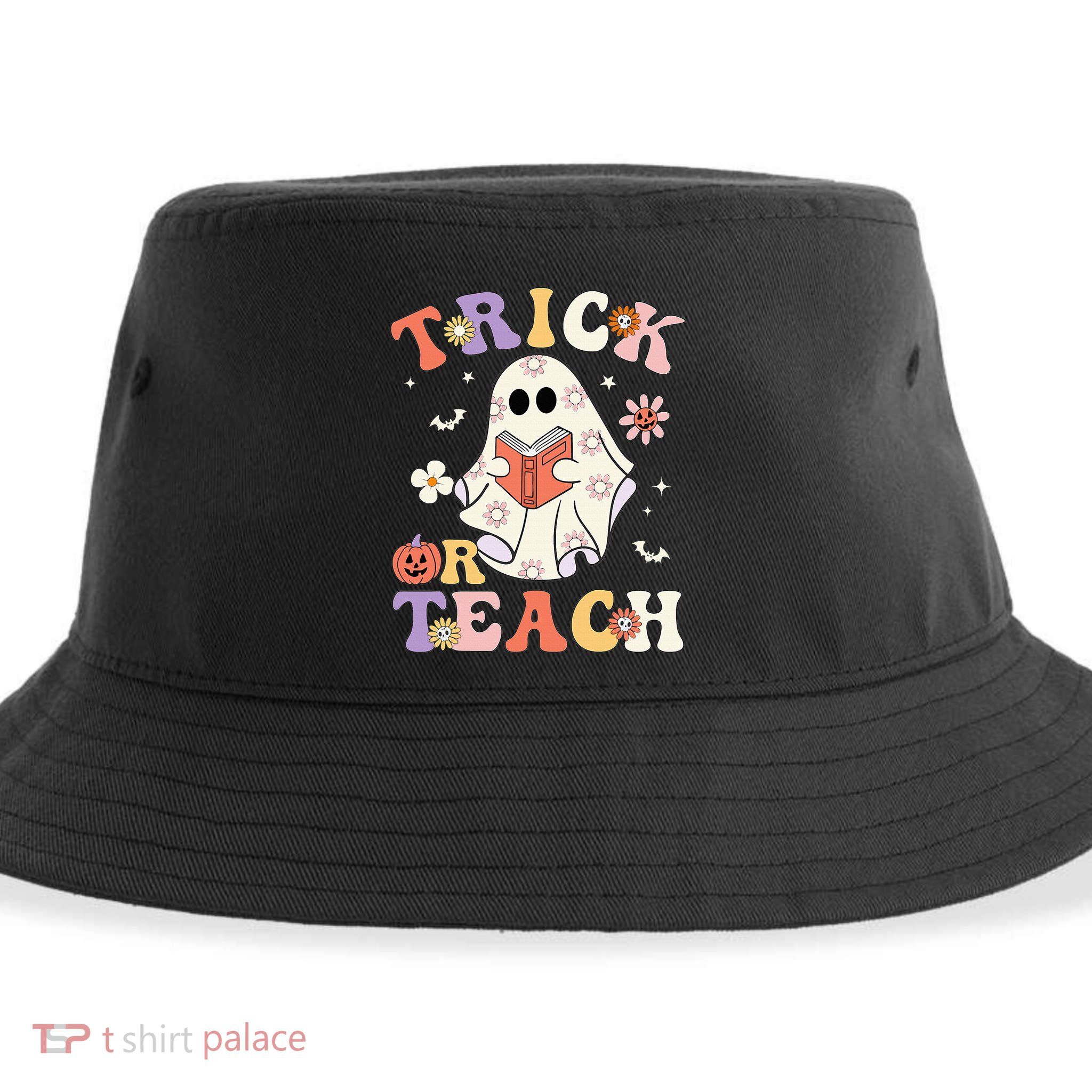 Groovy Teacher Halloween Trick Or Teach Retro Floral Ghost Sustainable Bucket Hat