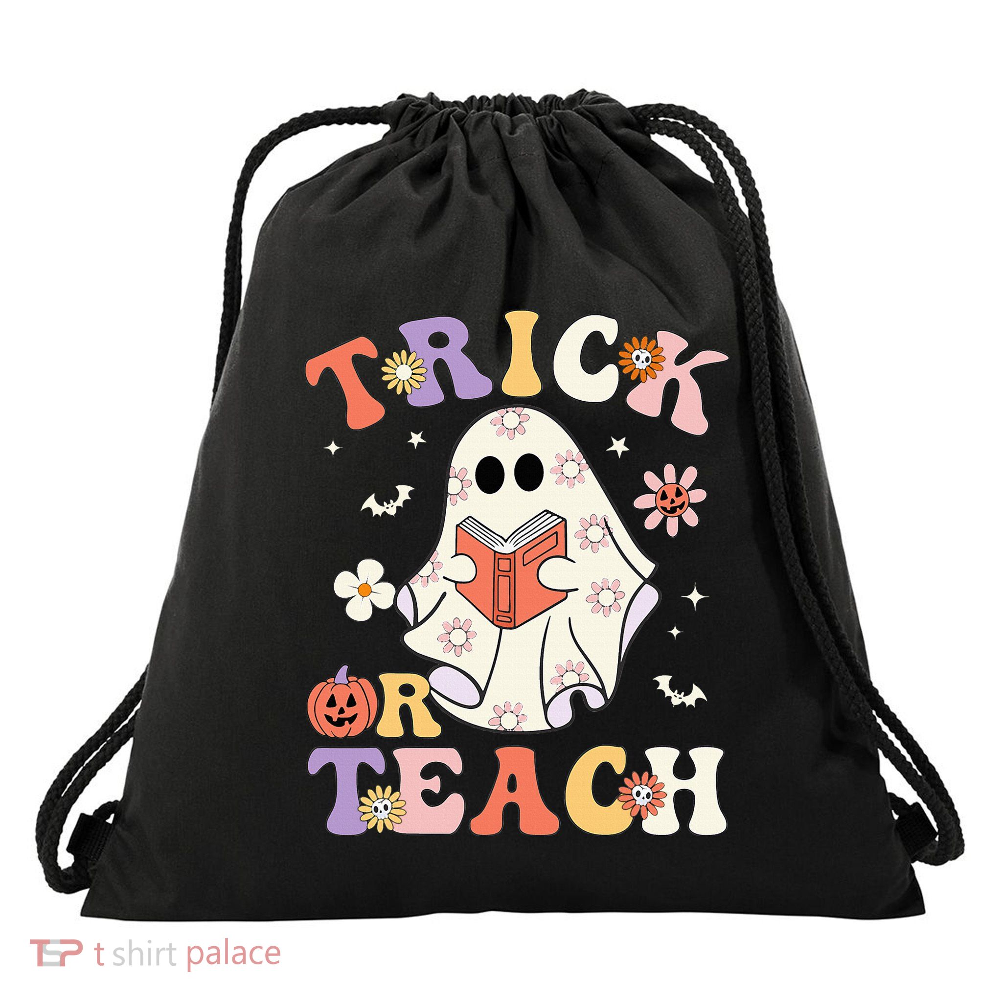 Groovy Teacher Halloween Trick Or Teach Retro Floral Ghost Drawstring Bag