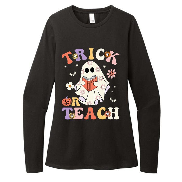 Groovy Teacher Halloween Trick Or Teach Retro Floral Ghost Womens CVC Long Sleeve Shirt