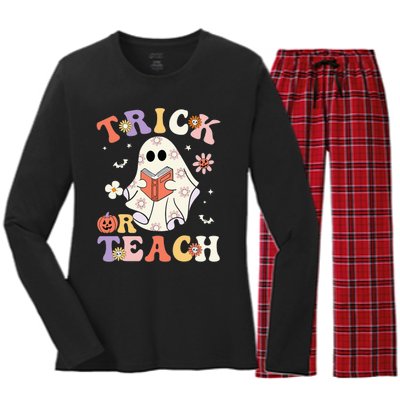 Groovy Teacher Halloween Trick Or Teach Retro Floral Ghost Women's Long Sleeve Flannel Pajama Set 