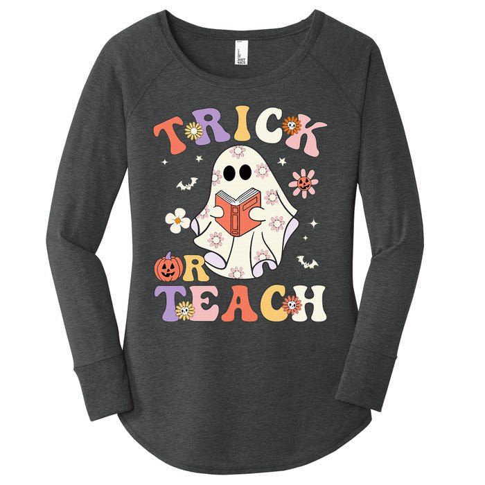 Groovy Teacher Halloween Trick Or Teach Retro Floral Ghost Women's Perfect Tri Tunic Long Sleeve Shirt