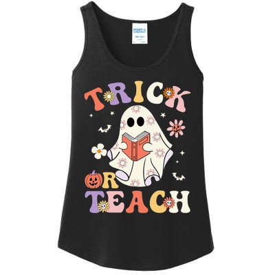 Groovy Teacher Halloween Trick Or Teach Retro Floral Ghost Ladies Essential Tank