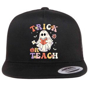 Groovy Teacher Halloween Trick Or Teach Retro Floral Ghost Flat Bill Trucker Hat