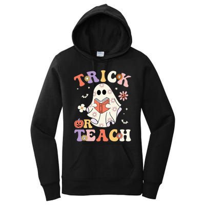 Groovy Teacher Halloween Trick Or Teach Retro Floral Ghost Women's Pullover Hoodie