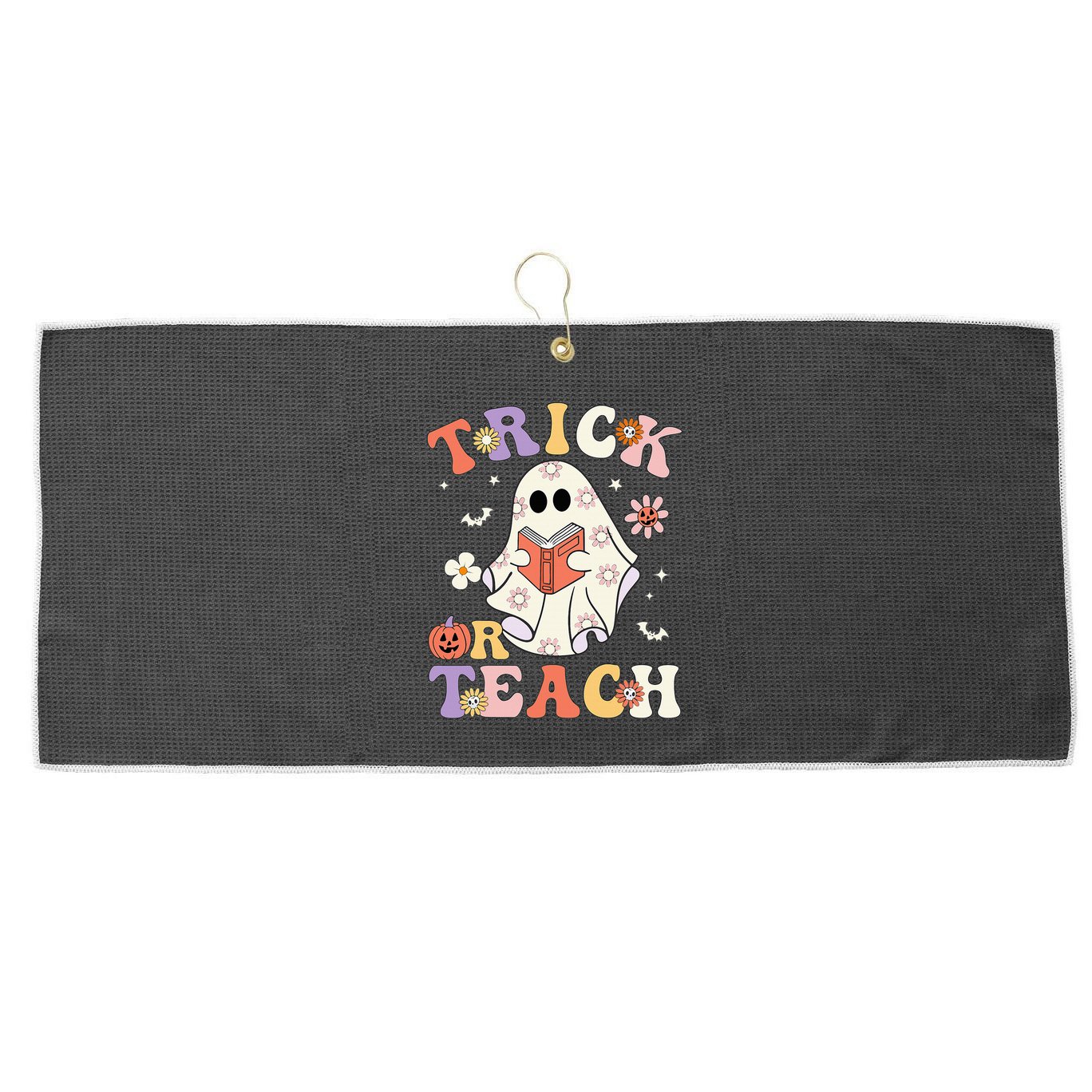 Groovy Teacher Halloween Trick Or Teach Retro Floral Ghost Large Microfiber Waffle Golf Towel