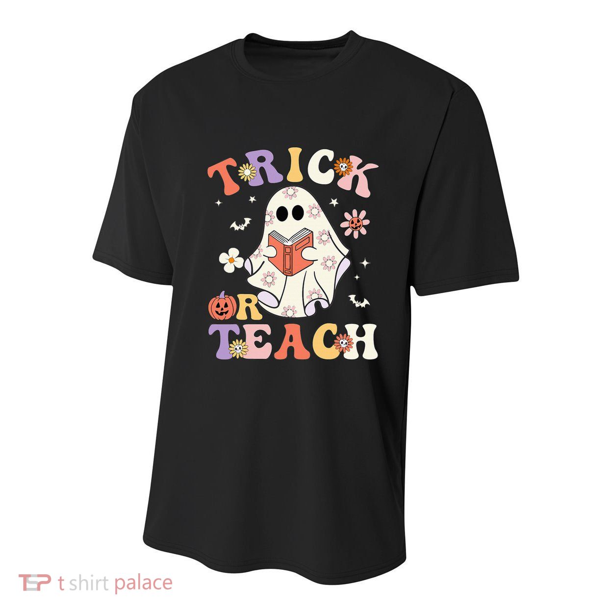 Groovy Teacher Halloween Trick Or Teach Retro Floral Ghost Youth Performance Sprint T-Shirt