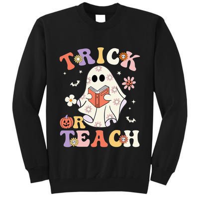 Groovy Teacher Halloween Trick Or Teach Retro Floral Ghost Tall Sweatshirt