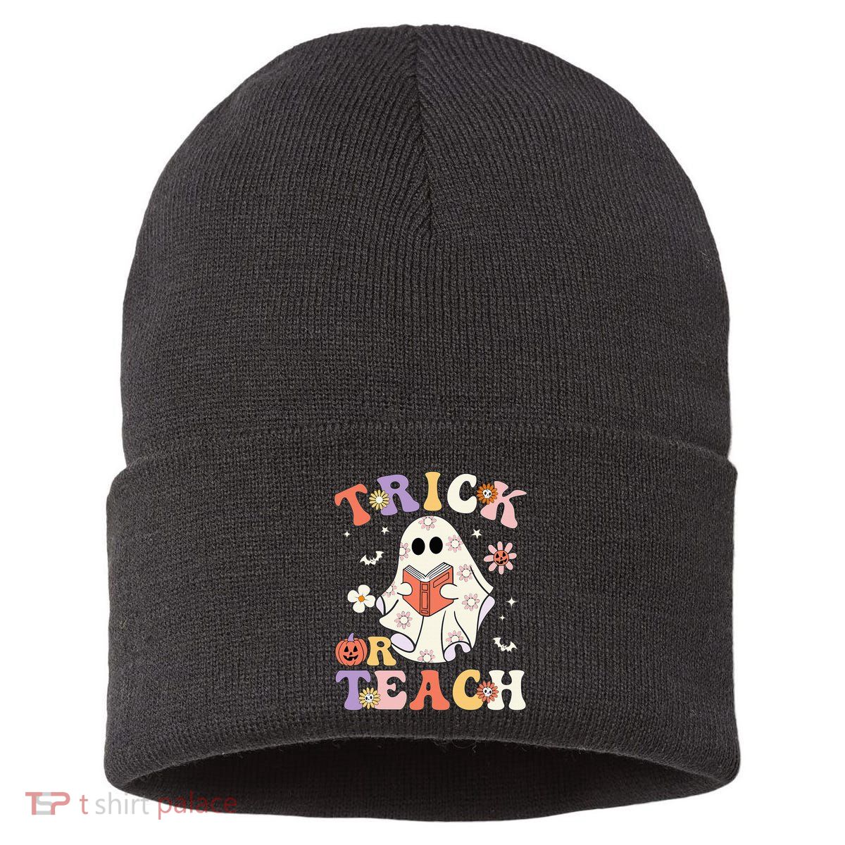 Groovy Teacher Halloween Trick Or Teach Retro Floral Ghost Sustainable Knit Beanie