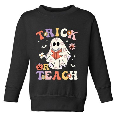 Groovy Teacher Halloween Trick Or Teach Retro Floral Ghost Toddler Sweatshirt