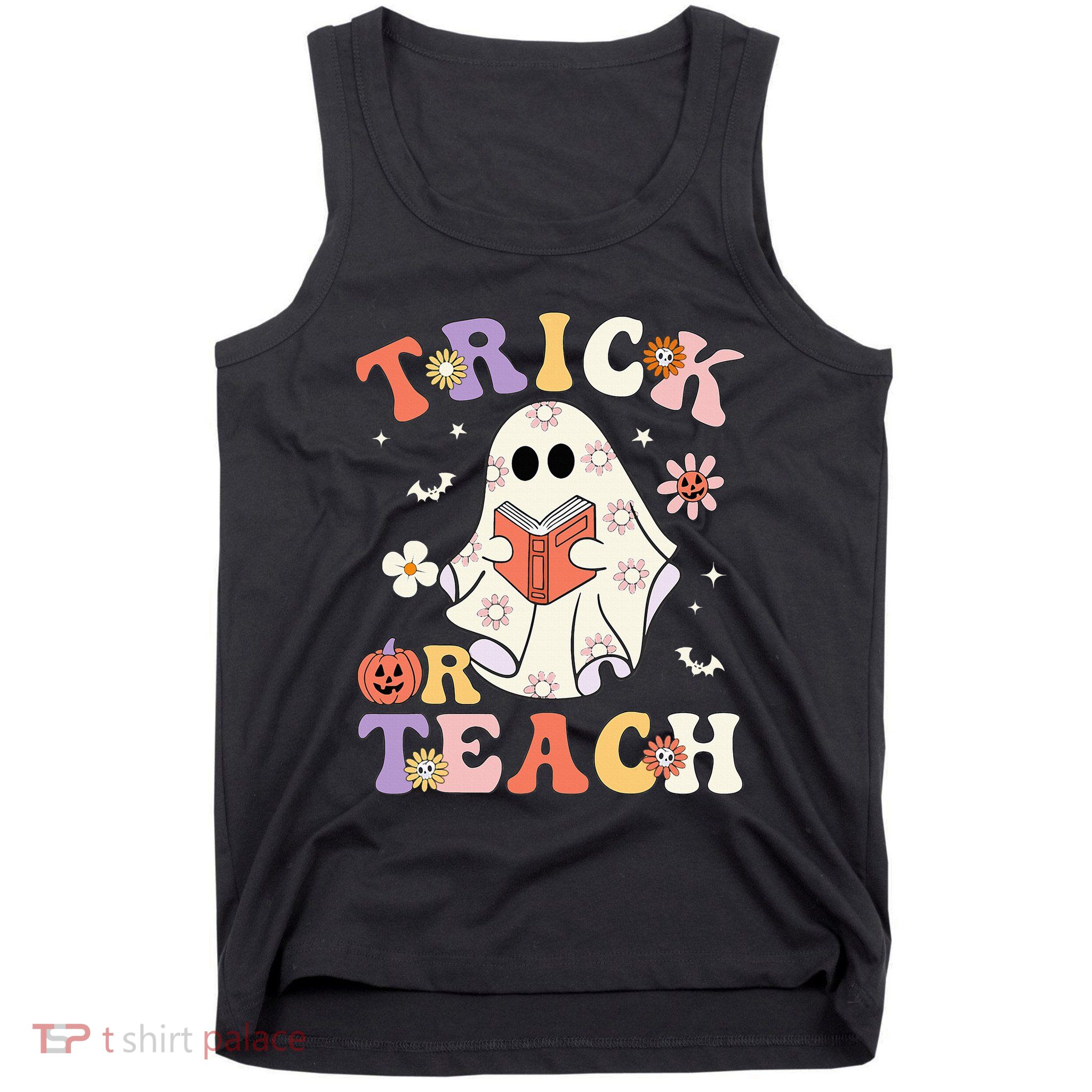 Groovy Teacher Halloween Trick Or Teach Retro Floral Ghost Tank Top