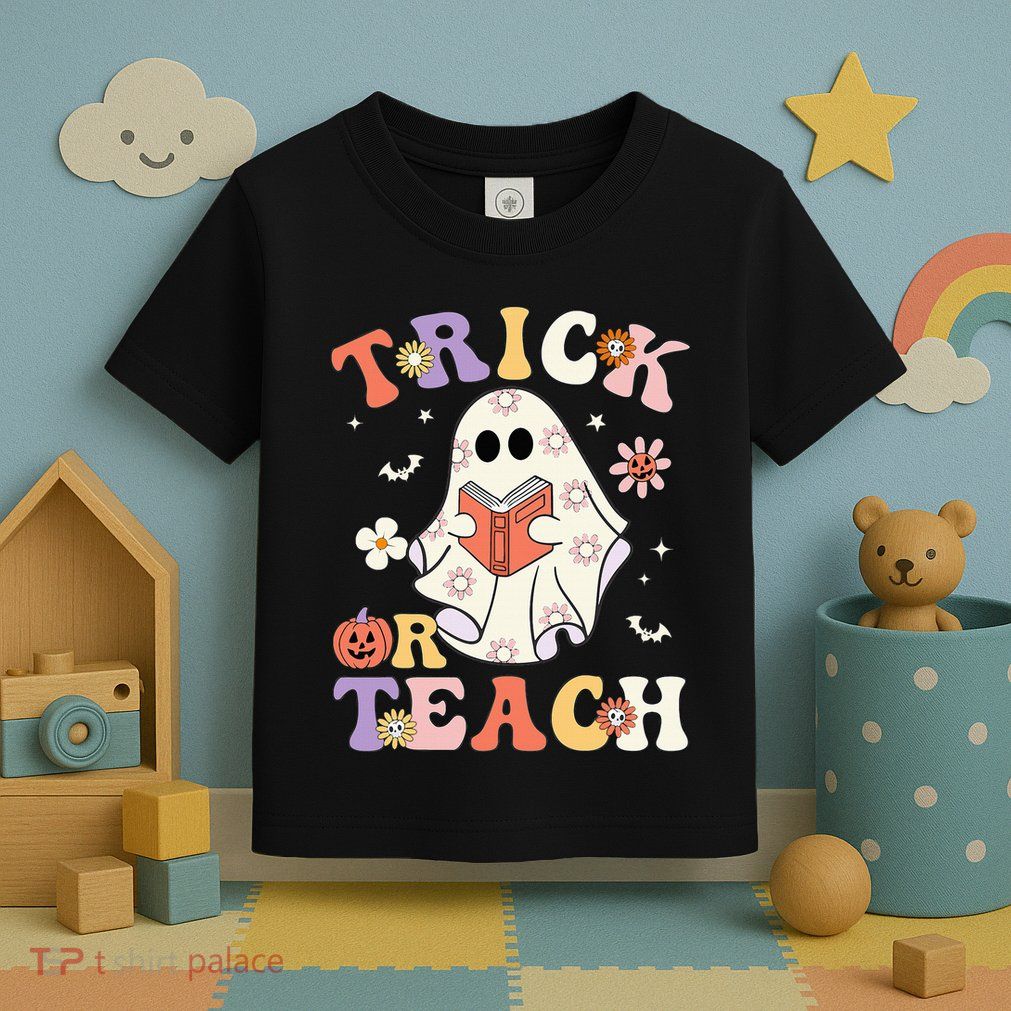 Groovy Teacher Halloween Trick Or Teach Retro Floral Ghost Toddler T-Shirt