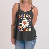 Groovy Teacher Halloween Trick Or Teach Retro Floral Ghost Women's Strappy Tank