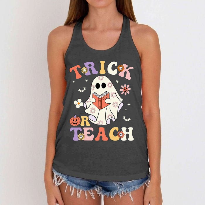 Groovy Teacher Halloween Trick Or Teach Retro Floral Ghost Women's Knotted Racerback Tank