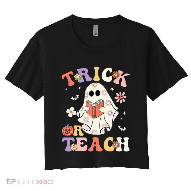 Groovy Teacher Halloween Trick Or Teach Retro Floral Ghost Crop Top
