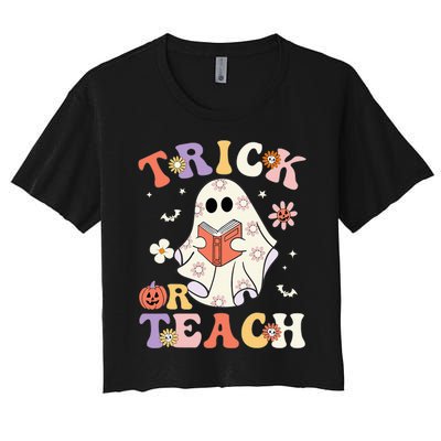 Groovy Teacher Halloween Trick Or Teach Retro Floral Ghost Women's Crop Top Tee