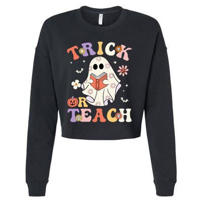 Groovy Teacher Halloween Trick Or Teach Retro Floral Ghost Cropped Pullover Crew