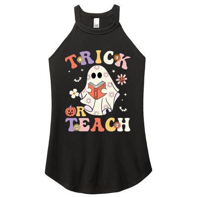 Groovy Teacher Halloween Trick Or Teach Retro Floral Ghost Women's Perfect Tri Rocker Tank