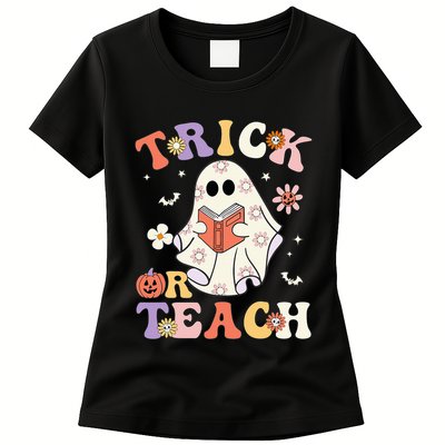 Groovy Teacher Halloween Trick Or Teach Retro Floral Ghost Womens T-Shirt
