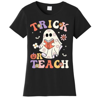 Groovy Teacher Halloween Trick Or Teach Retro Floral Ghost Women's T-Shirt