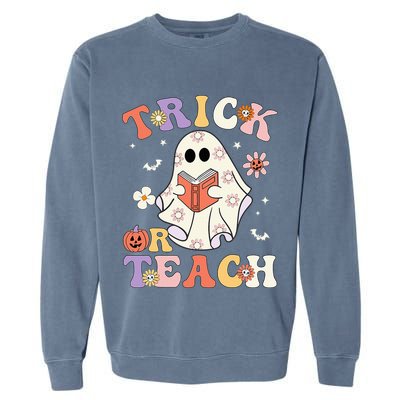 Groovy Teacher Halloween Trick Or Teach Retro Floral Ghost Garment-Dyed Sweatshirt