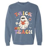 Groovy Teacher Halloween Trick Or Teach Retro Floral Ghost Garment-Dyed Sweatshirt