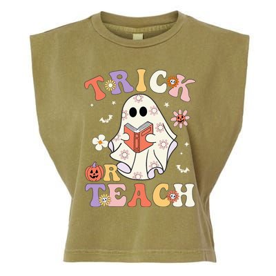 Groovy Teacher Halloween Trick Or Teach Retro Floral Ghost Garment-Dyed Women's Muscle Tee