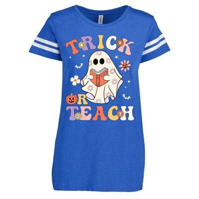 Groovy Teacher Halloween Trick Or Teach Retro Floral Ghost Enza Ladies Jersey Football T-Shirt