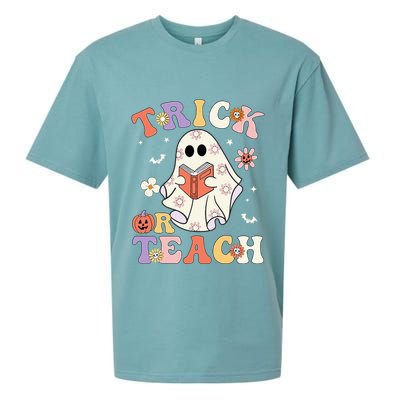 Groovy Teacher Halloween Trick Or Teach Retro Floral Ghost Sueded Cloud Jersey T-Shirt