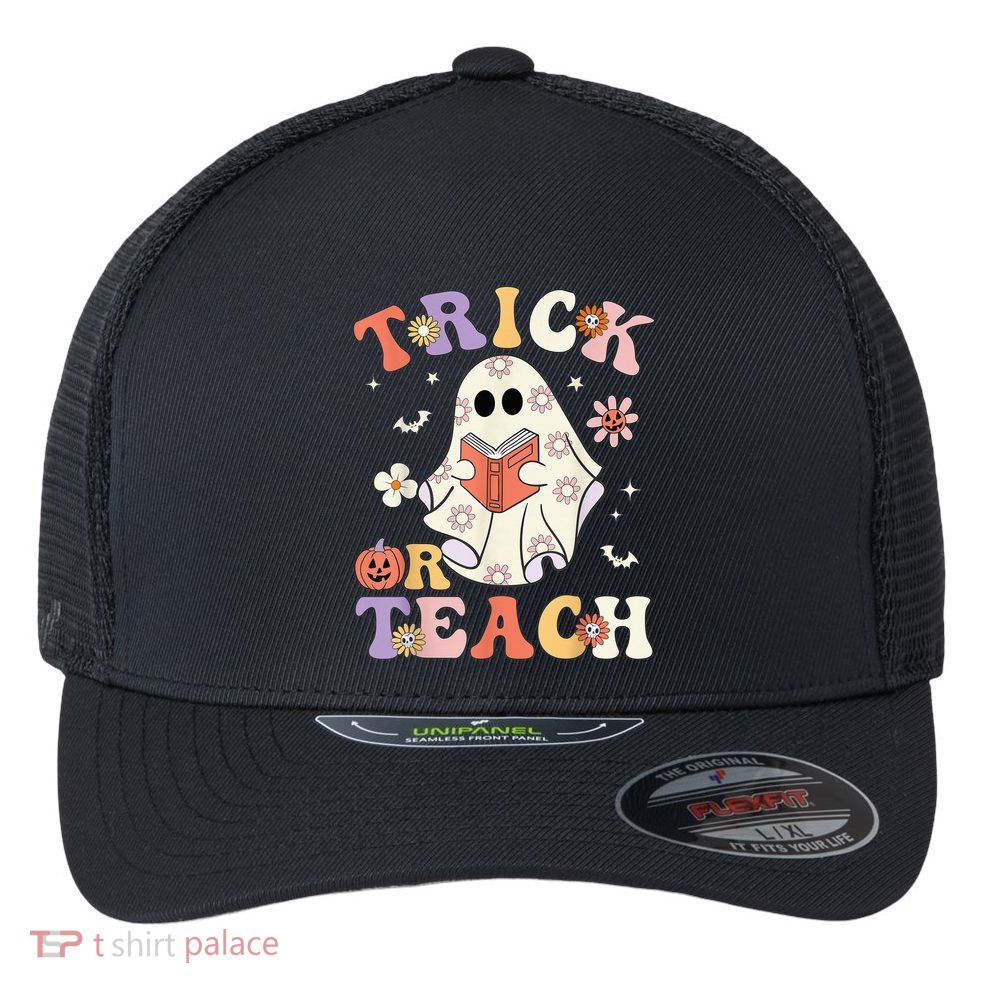 Groovy Teacher Halloween Trick or Teach Retro Floral Ghost Flexfit Unipanel Trucker Cap