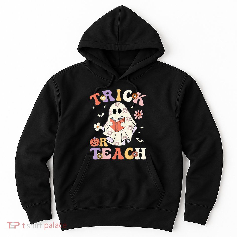 Groovy Teacher Halloween Trick or Teach Retro Floral Ghost Hoodie