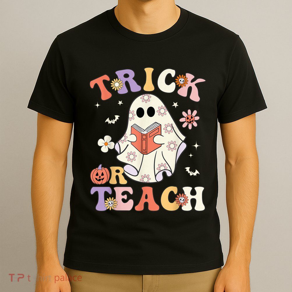 Groovy Teacher Halloween Trick or Teach Retro Floral Ghost T-Shirt