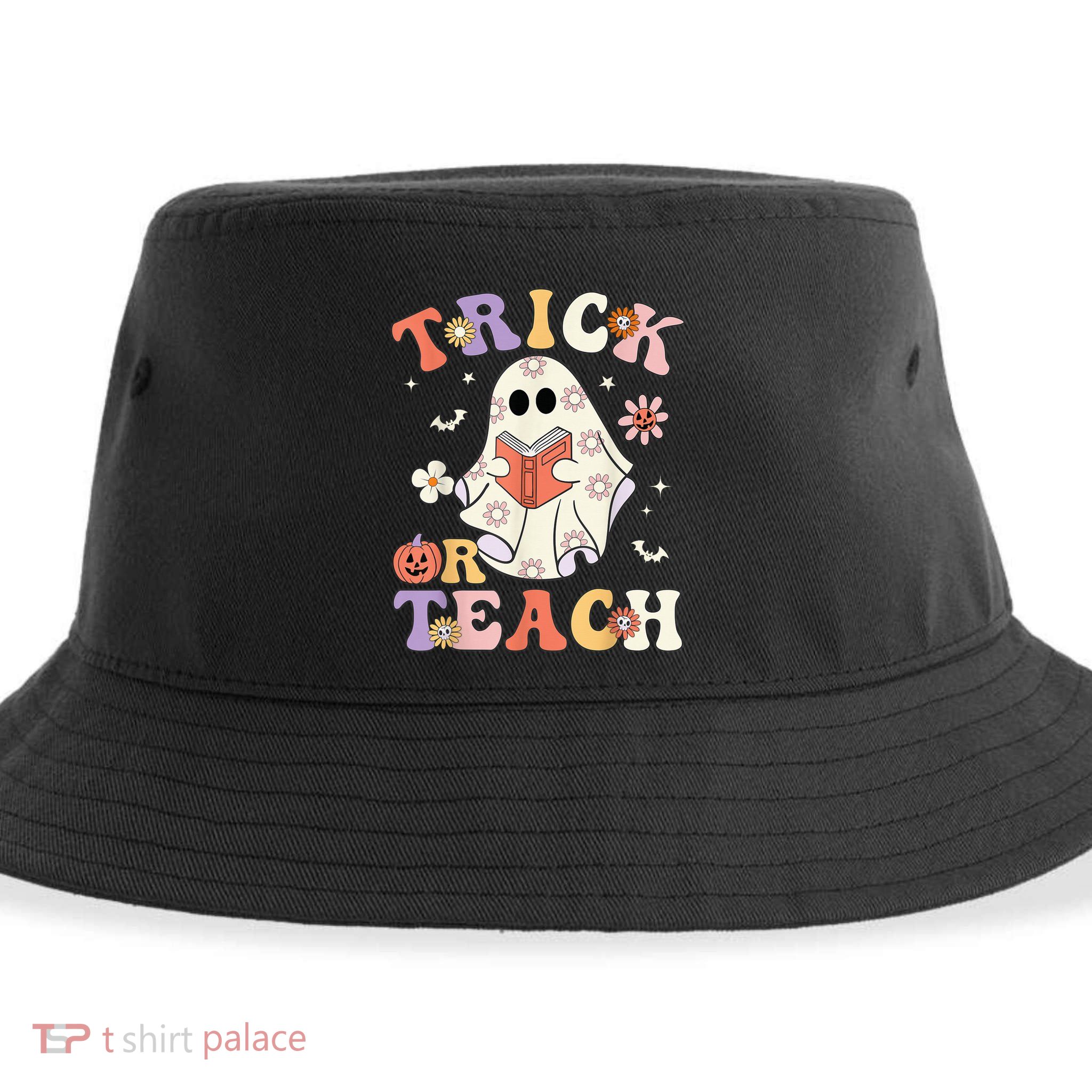 Groovy Teacher Halloween Trick or Teach Retro Floral Ghost Sustainable Bucket Hat