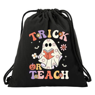 Groovy Teacher Halloween Trick or Teach Retro Floral Ghost Drawstring Bag