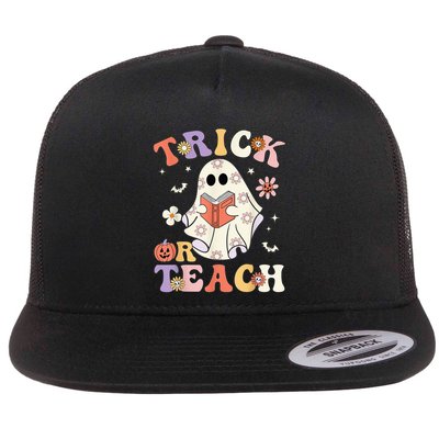 Groovy Teacher Halloween Trick or Teach Retro Floral Ghost Flatbill Hat