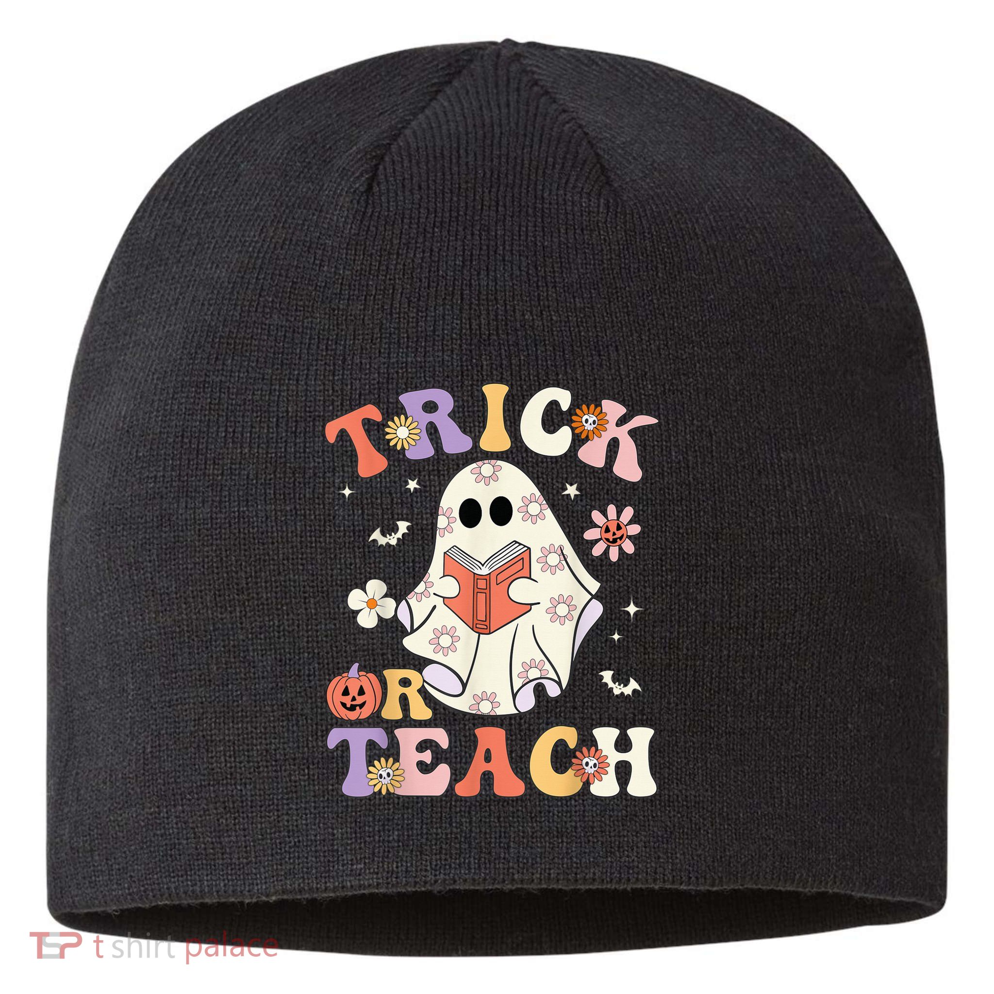 Groovy Teacher Halloween Trick or Teach Retro Floral Ghost Sustainable Beanie