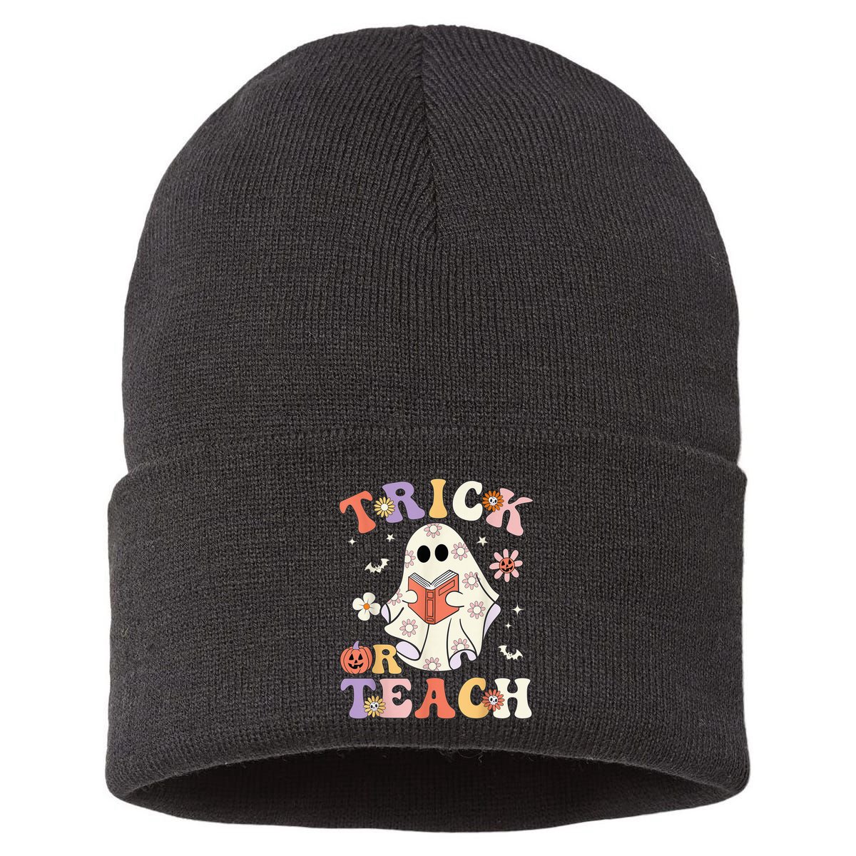 Groovy Teacher Halloween Trick or Teach Retro Floral Ghost Sustainable Knit Beanie