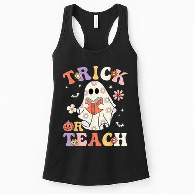 Groovy Teacher Halloween Trick or Teach Retro Floral Ghost Womens Tank Top