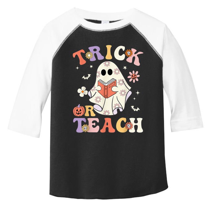 Groovy Teacher Halloween Trick or Teach Retro Floral Ghost Toddler Fine Jersey T-Shirt