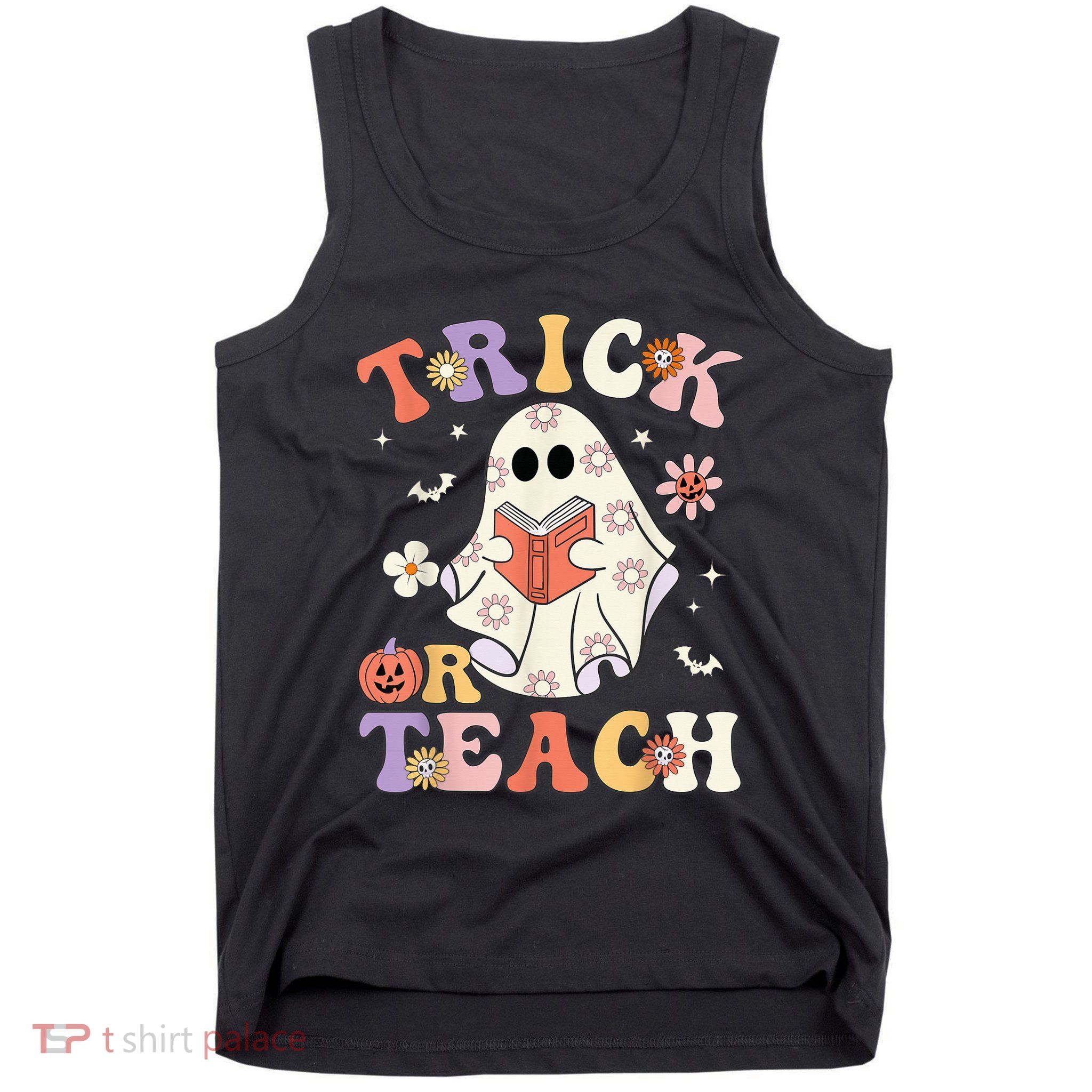 Groovy Teacher Halloween Trick or Teach Retro Floral Ghost Tank Top