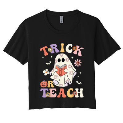 Groovy Teacher Halloween Trick or Teach Retro Floral Ghost Crop Top